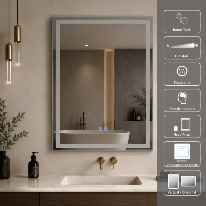 Oglinda LED DY037, 60x80, Intrerupator Touch Si Dezaburire, 3 Tipuri De Lumina Si Dimabila, Margine Mata [3]
