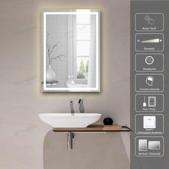 Oglinda LED DY037, 60x80, Intrerupator Touch Si Dezaburire, 3 Tipuri De Lumina Si Dimabila, Margine Mata [1]