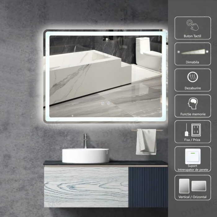 Oglinda LED DY037Y, 80x60, Intrerupator Touch Si Dezaburire, 3 Tipuri De Lumina Si Dimabila, Margine Mata [1]