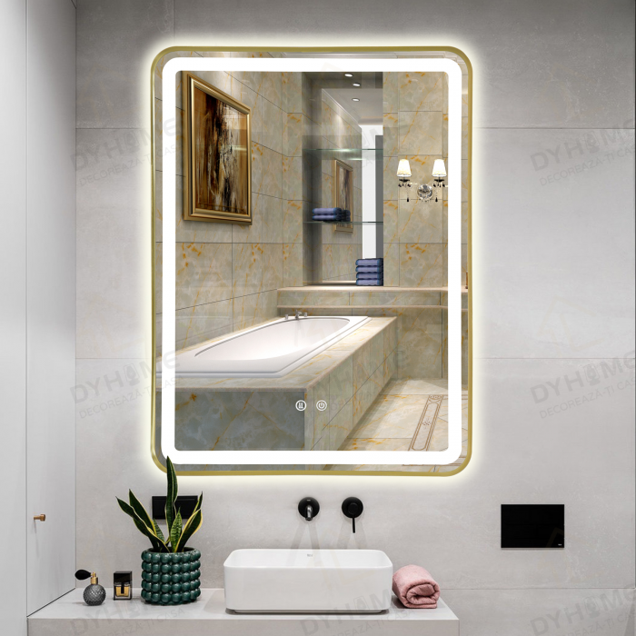 Oglinda LED DY039A, 60x80, Intrerupator Touch Si Dezaburire, 3 Tipuri De Lumina Si Dimabila, Rama din Aluminiu Auriu [4]