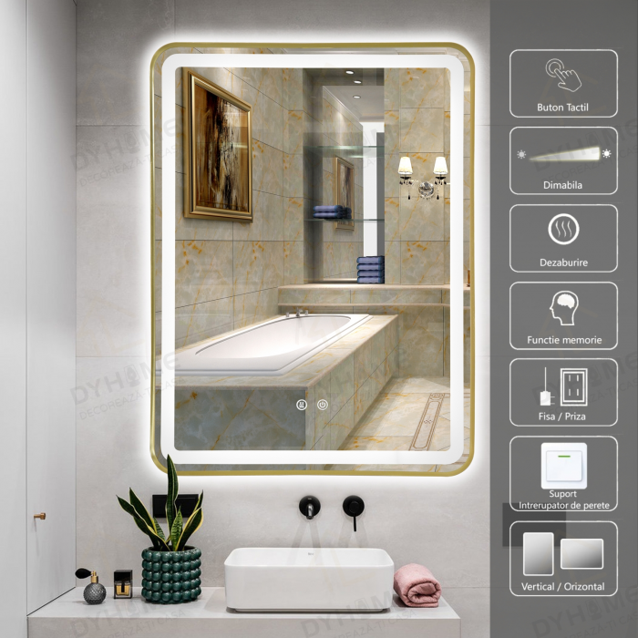 Oglinda LED DY039A, 60x80, Intrerupator Touch Si Dezaburire, 3 Tipuri De Lumina Si Dimabila, Rama din Aluminiu Auriu [1]