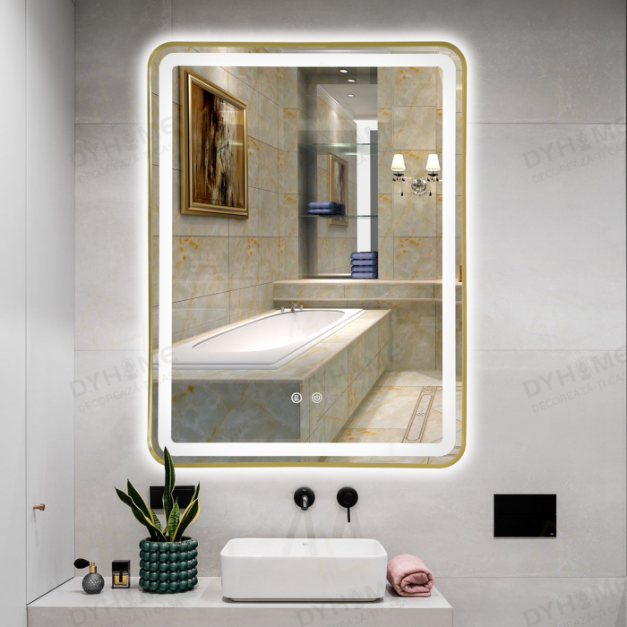 Oglinda LED DY039A, 60x80, Intrerupator Touch Si Dezaburire, 3 Tipuri De Lumina Si Dimabila, Rama din Aluminiu Auriu [2]