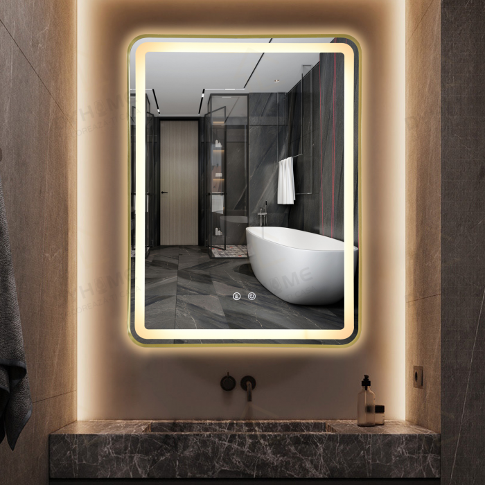 Oglinda LED DY039A, 60x80, Intrerupator Touch Si Dezaburire, 3 Tipuri De Lumina Si Dimabila, Rama din Aluminiu Auriu [3]