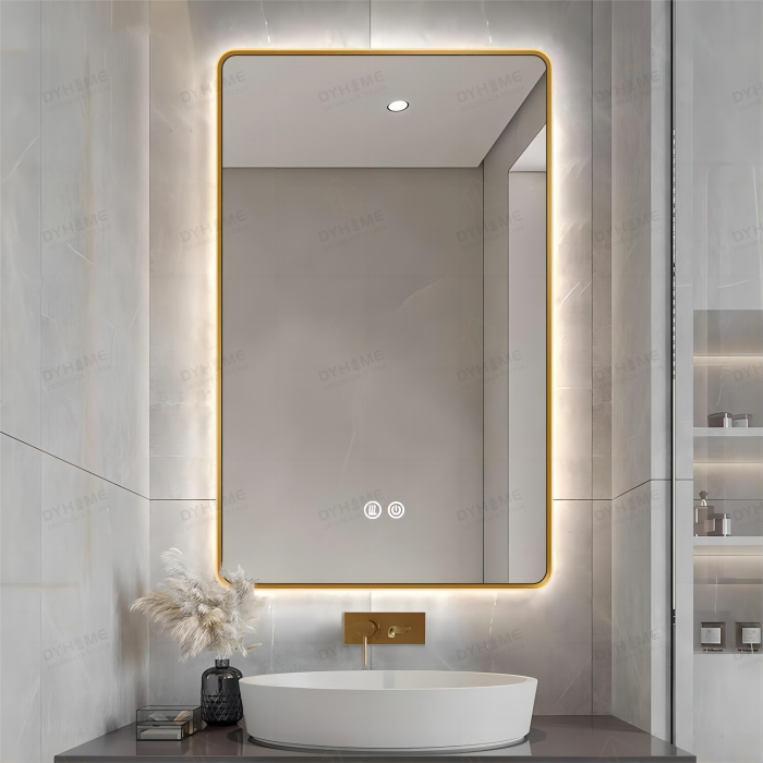Oglinda LED DY041, 60x80, Intrerupator Touch Si Dezaburire, 3 Tipuri De Lumina Si Dimabila, Rama din Aluminiu Auriu [2]