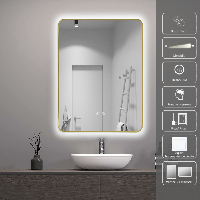 Oglinda LED DY041, 60x80, Intrerupator Touch Si Dezaburire, 3 Tipuri De Lumina Si Dimabila, Rama din Aluminiu Auriu [5]