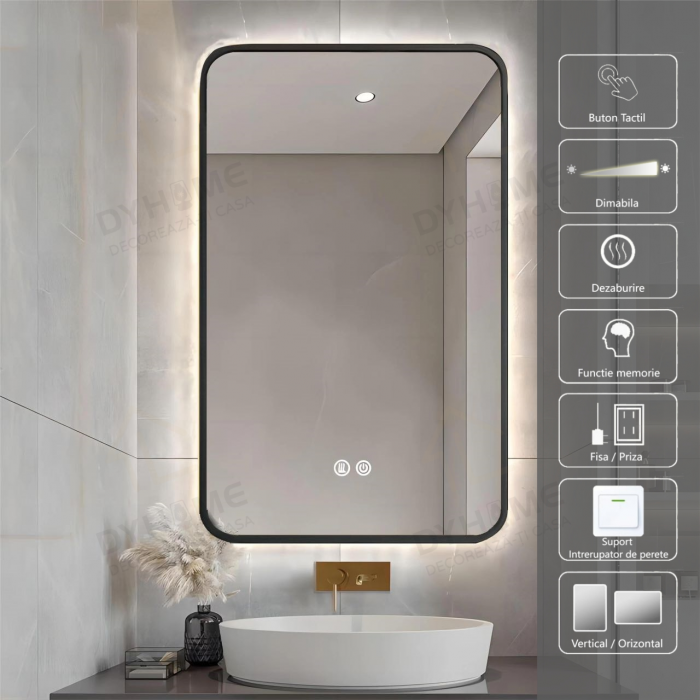 Oglinda LED DY041N, 60x80, Intrerupator Touch Si Dezaburire, 3 Tipuri De Lumina Si Dimabila, Rama din Aluminiu Negru [1]