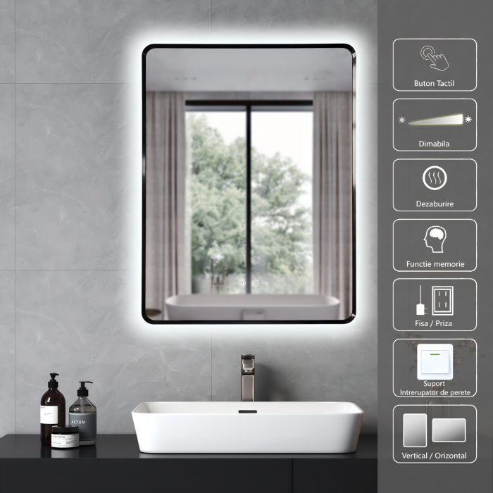 Oglinda LED DY041N, 60x80, Intrerupator Touch Si Dezaburire, 3 Tipuri De Lumina Si Dimabila, Rama din Aluminiu Negru [2]
