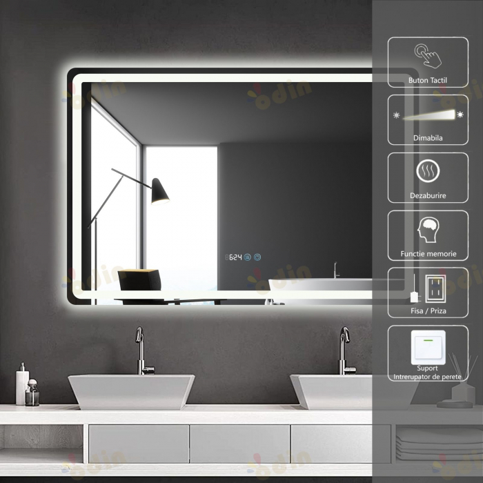 Oglinda LED DY058-100, 120x80, Intrerupator Touch, Dezaburire si Ceas, 3 Tipuri De Lumina Si Dimabila, Margine Mata [1]