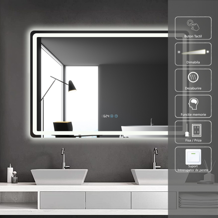 Oglinda LED DY058-100, 120x80, Intrerupator Touch, Dezaburire si Ceas, 3 Tipuri De Lumina Si Dimabila, Margine Mata [2]