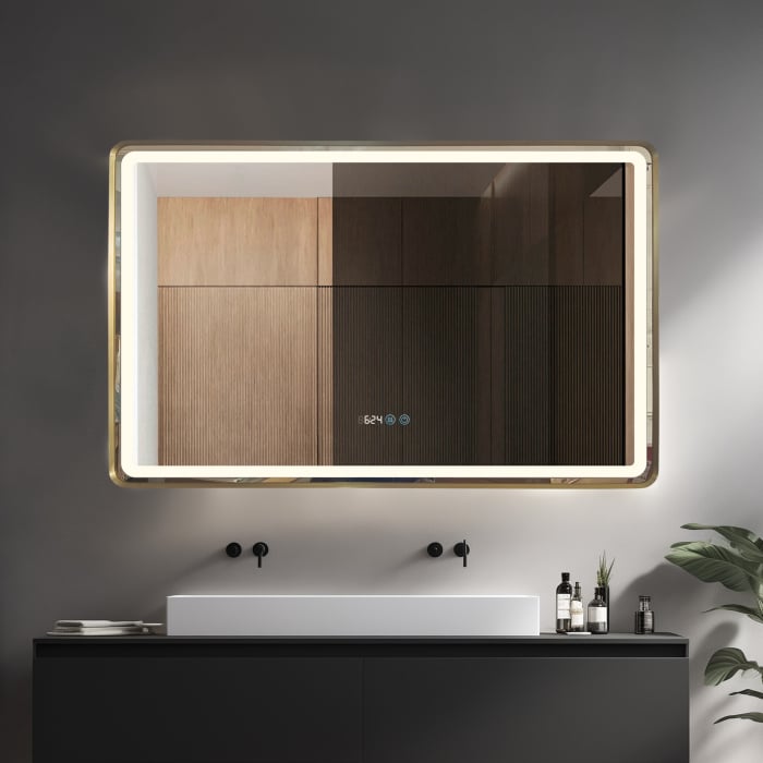 Oglinda LED DY058-101A, 110x70, Intrerupator Touch, Dezaburire si Ceas , 3 Tipuri De Lumina Si Dimabila, Rama din Aluminiu Auriu [5]