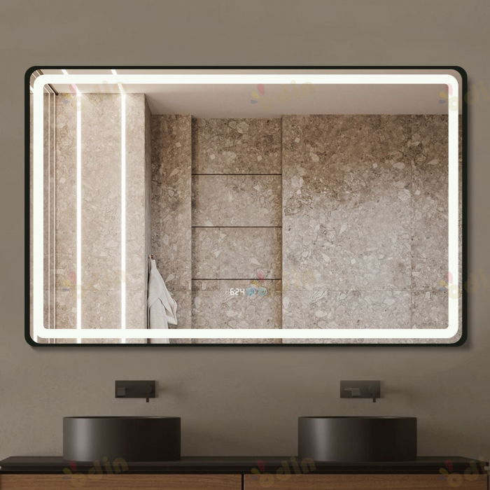 Oglinda LED DY058-101A, 110x70, Intrerupator Touch, Dezaburire si Ceas , 3 Tipuri De Lumina Si Dimabila, Rama din Aluminiu Negru [2]