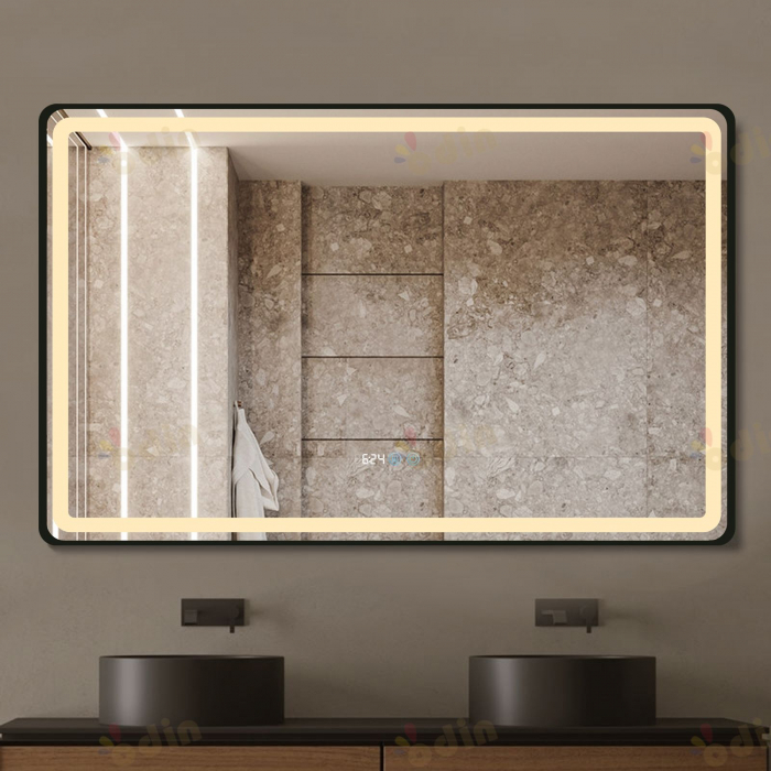 Oglinda LED DY058-101A, 110x70, Intrerupator Touch, Dezaburire si Ceas , 3 Tipuri De Lumina Si Dimabila, Rama din Aluminiu Negru [3]