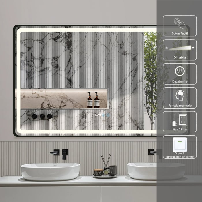 Oglinda LED DY058-101N, 110x70, Intrerupator Touch, Dezaburire si Ceas , 3 Tipuri De Lumina Si Dimabila, Rama din Aluminiu Negru [2]