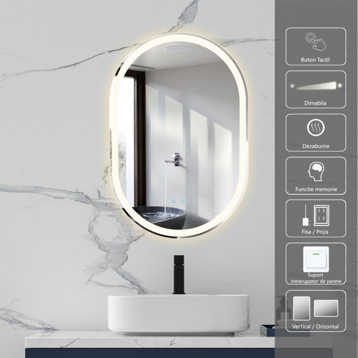 Oglinda LED DY061-100, 60x90, Intrerupator Touch Si Dezaburire, 3 Tipuri De Lumina Si Dimabila, Margine Mata [2]