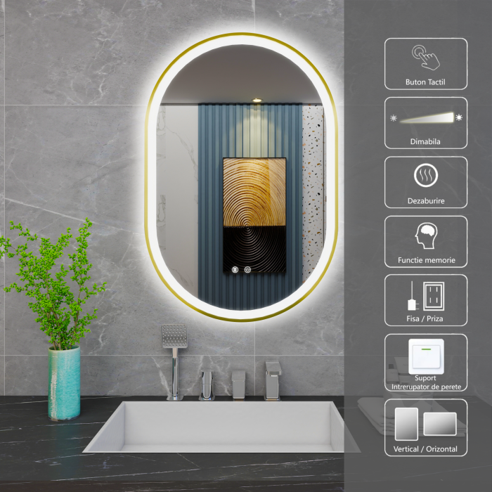 Oglinda LED DY061-100G, 60x90, Intrerupator Touch Si Dezaburire, 3 Tipuri De Lumina Si Dimabila, Rama Auriu [2]
