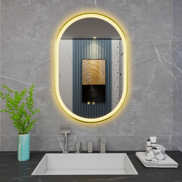 Oglinda LED DY061-100G, 60x90, Intrerupator Touch Si Dezaburire, 3 Tipuri De Lumina Si Dimabila, Rama Auriu [4]