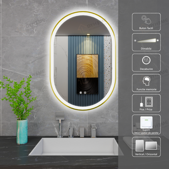 Oglinda LED DY061-100G, 60x90, Intrerupator Touch Si Dezaburire, 3 Tipuri De Lumina Si Dimabila, Rama Negru [1]