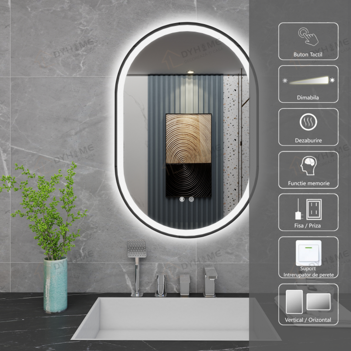 Oglinda LED DY061-100N, 60x90, Intrerupator Touch Si Dezaburire, 3 Tipuri De Lumina Si Dimabila, Rama Negru [1]