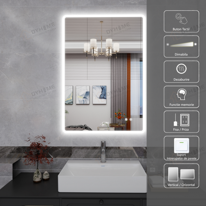 Oglinda LED DY22012-1, 70x100, Orizontal / Vertical, Intrerupator Touch Si Dezaburire, 3 Tipuri De Lumina Si Dimabila, Margine Mata [1]