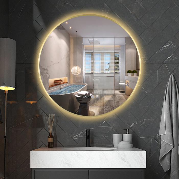 Oglinda LED DY22019-1A, Rotunda 80cm, Intrerupator Touch, Dezaburire si Ceas, 3 Tipuri De Lumina Si Dimabila, Rama din Aluminiu Auriu [4]