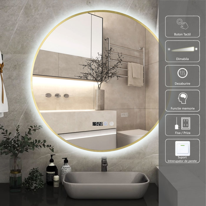 Oglinda LED DY22019-1A, Rotunda 80cm, Intrerupator Touch, Dezaburire si Ceas, 3 Tipuri De Lumina Si Dimabila, Rama din Aluminiu Auriu [2]