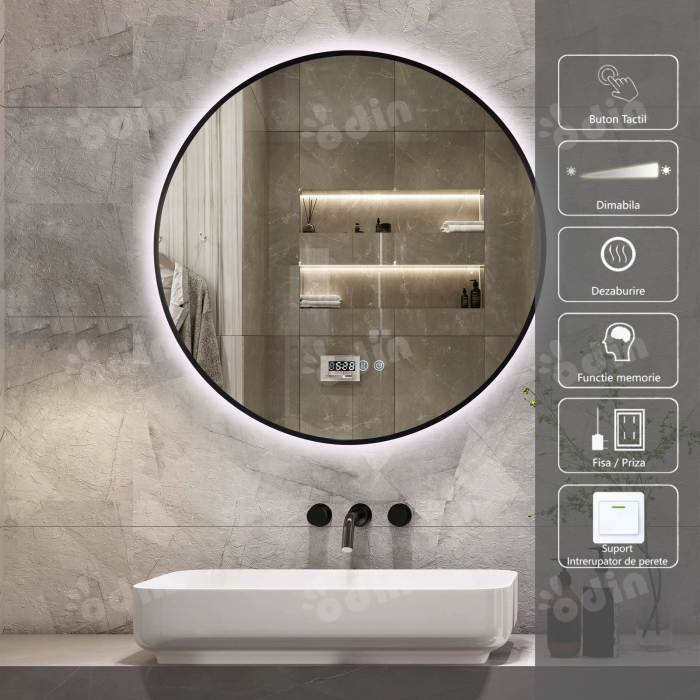 Oglinda LED DY22019-1N, Rotunda 80cm, Intrerupator Touch, Dezaburire si Ceas, 3 Tipuri De Lumina Si Dimabila, Rama din Aluminiu Negru [1]
