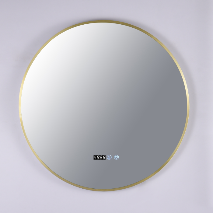 Oglinda LED DY22019-1A, Rotunda 80cm, Intrerupator Touch, Dezaburire si Ceas, 3 Tipuri De Lumina Si Dimabila, Rama din Aluminiu Auriu [5]