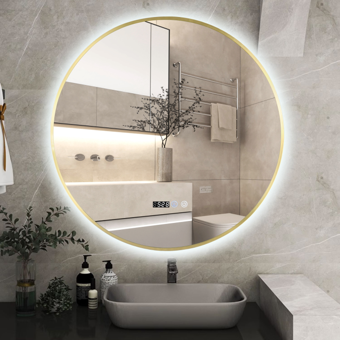 Oglinda LED DY22019-1A, Rotunda 80cm, Intrerupator Touch, Dezaburire si Ceas, 3 Tipuri De Lumina Si Dimabila, Rama din Aluminiu Auriu [2]