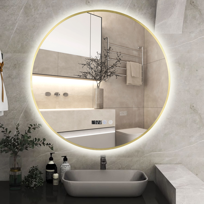 Oglinda LED DY22019-1A, Rotunda 80cm, Intrerupator Touch, Dezaburire si Ceas, 3 Tipuri De Lumina Si Dimabila, Rama din Aluminiu Auriu [4]