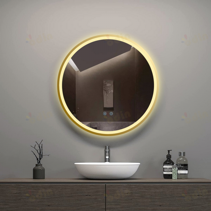 Oglinda LED DY22021-5, Rotunda 60cm, Intrerupator Touch Si Dezaburire, 3 Tipuri De Lumina Si Dimabila, Rama Auriu [4]