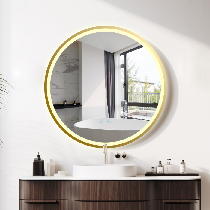 Oglinda LED DY22021-5, Rotunda 60cm, Intrerupator Touch Si Dezaburire, 3 Tipuri De Lumina Si Dimabila, Rama Auriu [3]