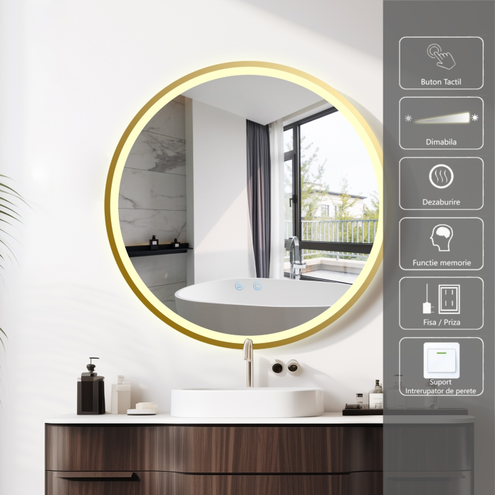 Oglinda LED DY22021-5, Rotunda 60cm, Intrerupator Touch Si Dezaburire, 3 Tipuri De Lumina Si Dimabila, Rama Auriu [2]