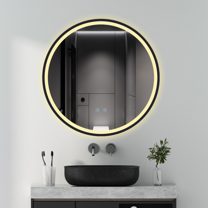 Oglinda LED DY22021-6, Rotunda 60cm, Intrerupator Touch Si Dezaburire, 3 Tipuri De Lumina Si Dimabila, Rama Negru [4]