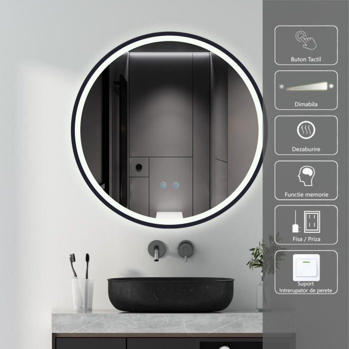 Oglinda LED DY22021-6, Rotunda 60cm, Intrerupator Touch Si Dezaburire, 3 Tipuri De Lumina Si Dimabila, Rama Negru [2]