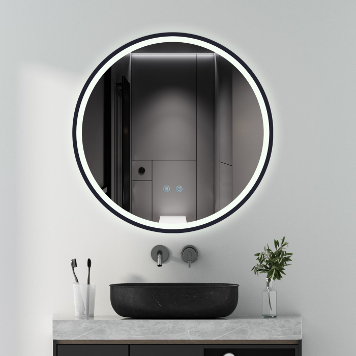 Oglinda LED DY22021-6, Rotunda 60cm, Intrerupator Touch Si Dezaburire, 3 Tipuri De Lumina Si Dimabila, Rama Negru [3]