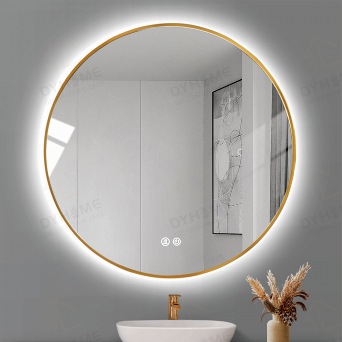 Oglinda LED DY010, Rotunda 70cm, Intrerupator Touch Si Dezaburire, 3 Tipuri De Lumina Si Dimabila, Rama din Aluminiu Auriu [1]