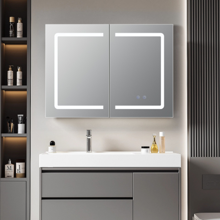 Dulap De Baie Cu Oglinda LED - Oglindă Dulap LED Odin dreptunghiulară 60x80cm, ramă din aluminiu argintiu, cu dezaburire si touch, 3 tipuri de lumina, IP44, montare perete, ODG5310