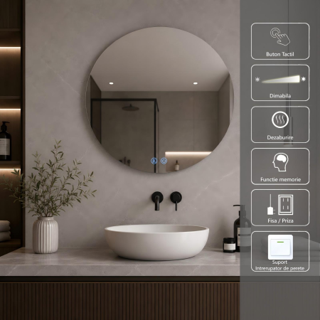Oglinda LED DY006, Rotunda 60cm, Intrerupator Touch Si Dezaburire, 3 Tipuri De Lumina Si Dimabila [2]