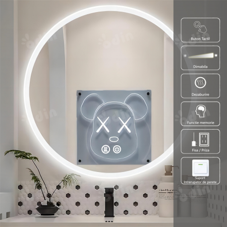Oglinzi LED Rotunde - Oglinda LED DY013-80, Rotunda 80cm, Intrerupator Touch Si Dezaburire, 3 Tipuri De Lumina Si Dimabila
