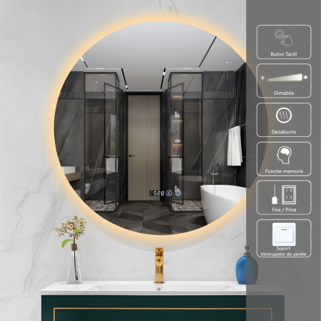 Oglinda LED DY007T, Rotunda 70cm, Intrerupator Touch, Dezaburire si Ceas, 3 Tipuri De Lumina Si Dimabila [1]