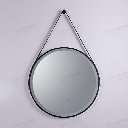 Oglinda LED DY009, Rotunda 60cm, Intrerupator Touch Si Dezaburire, 3 Tipuri De Lumina Si Dimabila, Rama Negru Si Curea Piele [5]