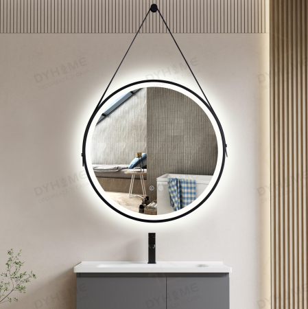 Oglinda LED DY009, Rotunda 60cm, Intrerupator Touch Si Dezaburire, 3 Tipuri De Lumina Si Dimabila, Rama Negru Si Curea Piele [3]