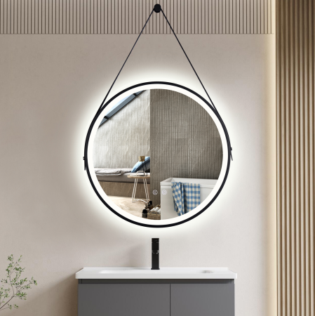 Oglinda LED DY009, Rotunda 60cm, Intrerupator Touch Si Dezaburire, 3 Tipuri De Lumina Si Dimabila, Rama Negru Si Curea Piele [2]