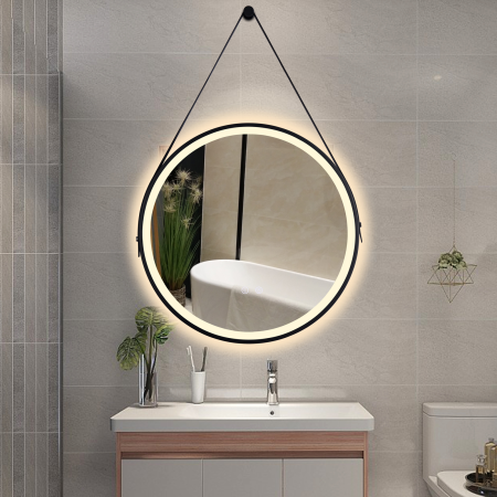 Oglinda LED DY009, Rotunda 60cm, Intrerupator Touch Si Dezaburire, 3 Tipuri De Lumina Si Dimabila, Rama Negru Si Curea Piele [3]