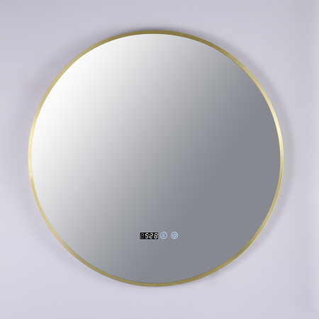 Oglinzi LED Rotunde - Oglinda LED DY010A, Rotunda 70cm, Intrerupator Touch, Dezaburire si Ceas, 3 Tipuri De Lumina Si Dimabila, Rama din Aluminiu Auriu