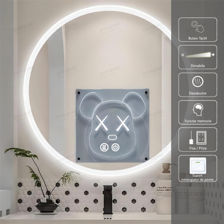 Oglinzi LED Rotunde - Oglinda LED DY013, Rotunda 70cm, Intrerupator Touch Si Dezaburire, 3 Tipuri De Lumina Si Dimabila, Margine Mata