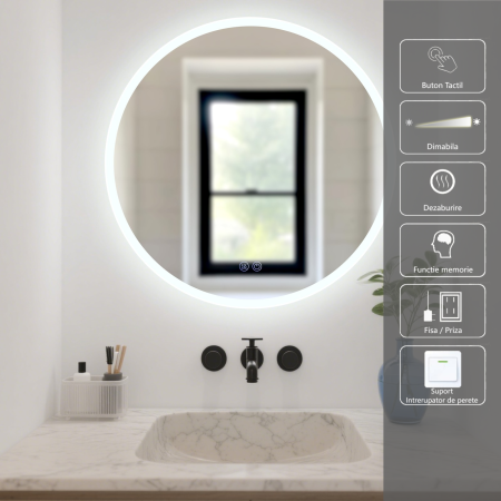 Oglinda LED DY013, Rotunda 70cm, Intrerupator Touch Si Dezaburire, 3 Tipuri De Lumina Si Dimabila, Margine Mata [1]