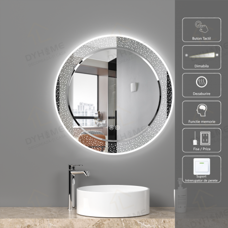 Oglinzi LED Rotunde - Oglinda LED DY014, Rotunda 80cm, Intrerupator Touch si Dezaburire, 3 Tipuri De Lumina Si Dimabila