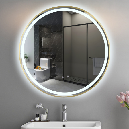 Oglinda LED DY016A, Rotunda 70cm, Intrerupator Touch Si Dezaburire, 3 Tipuri De Lumina Si Dimabila, Rama din Aluminiu Auriu [2]