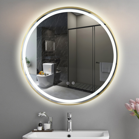 Oglinda LED DY016A, Rotunda 70cm, Intrerupator Touch Si Dezaburire, 3 Tipuri De Lumina Si Dimabila, Rama din Aluminiu Auriu [4]